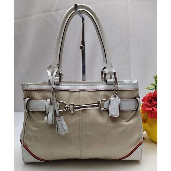 Coach Hampton Beige Canvas White Leather Trim Zipper Closure Tassel Satchel Bag - Picture 1 of 14
